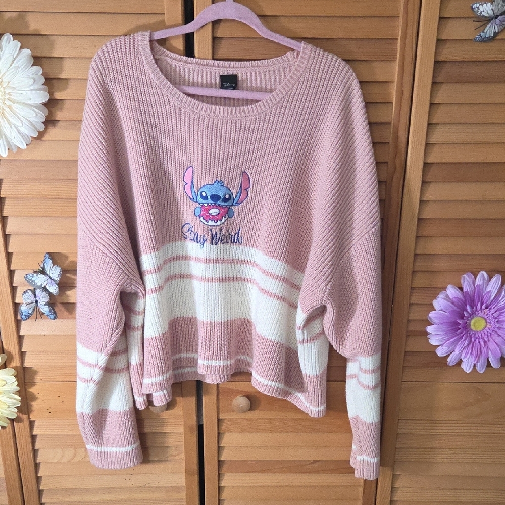 Disney Pink and Cream "Stay Weird" Stitch Crop Sweater From Hot Topic